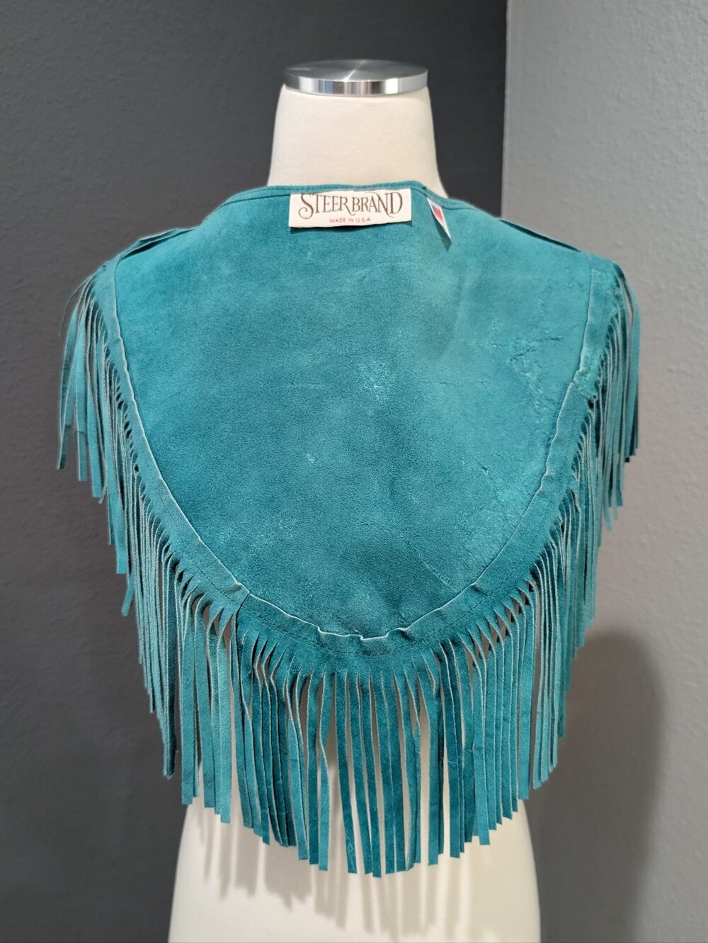 Vintage Steer Brand Teal Suede Fringe Cape with Conchos - Boho Western Statement - Picture 12 of 16